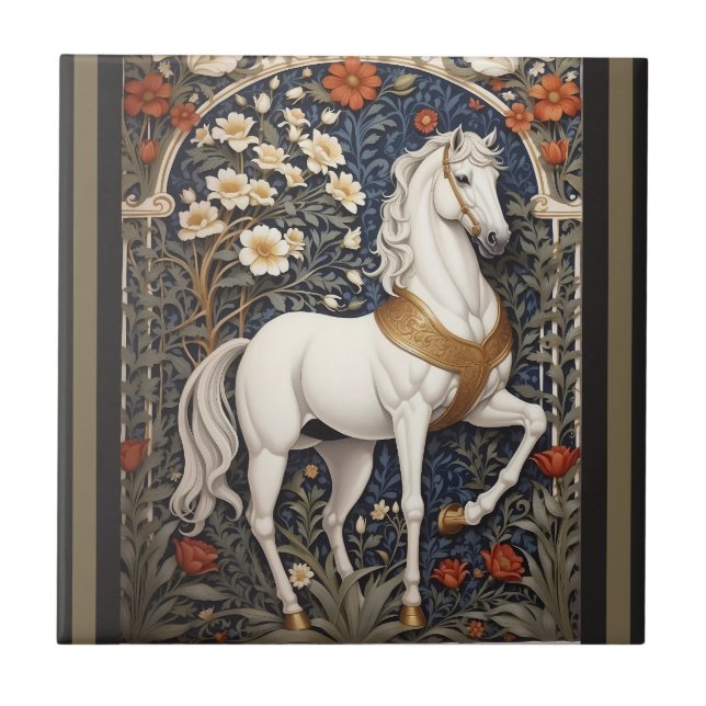 Elegant William Morris Inspired White Horse Tile (Front)