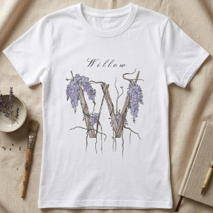 Elegant Willow Wisteria 'W' Monogram Floral Art T-Shirt