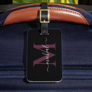 Elegant Wine & Black Monogram Script Name Luggage Tag