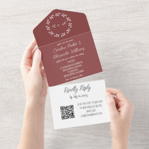 Elegant Wine Burgundy Script Modern RSVP QR Code All In One Invitation