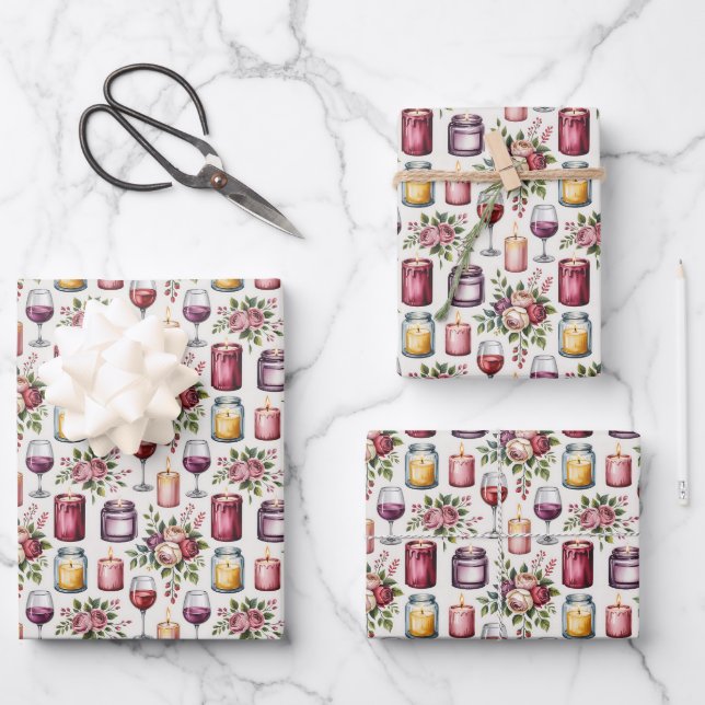 Elegant wine candles tiled pattern  wrapping paper sheet (Front)