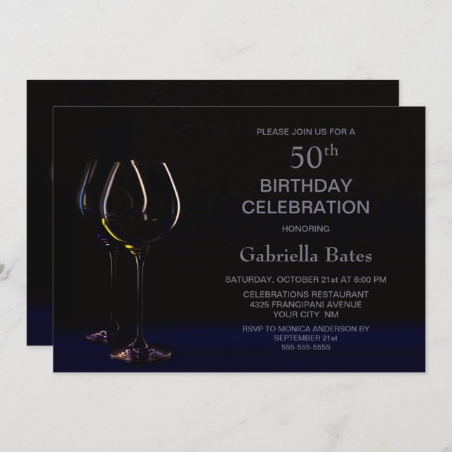 Elegant Wine Glass 50th Birthday Party Invitation (Front/Back)