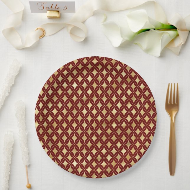 Elegant Wine & Gold Carnival Harlequin Pattern  Paper Plate (Wedding)