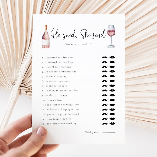 Elegant Wine He Said She Said Bridal Shower Game (Creator Uploaded)