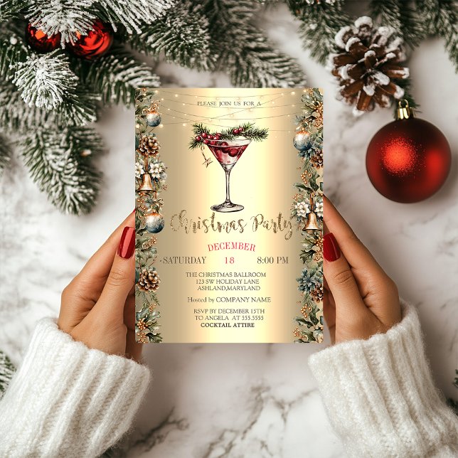 Elegant Wine Pinecones Bells Poinsettia Christmas  Invitation (Creator Uploaded)
