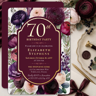 Elegant Wine Ranunculus 70th Birthday Gold