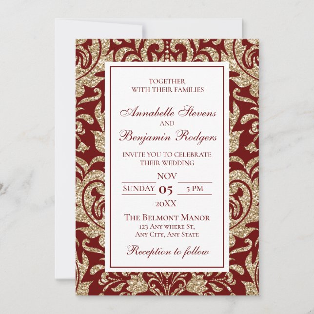 Elegant Wine Red and Gold Faux Glitter Wedding Invitation (Front)