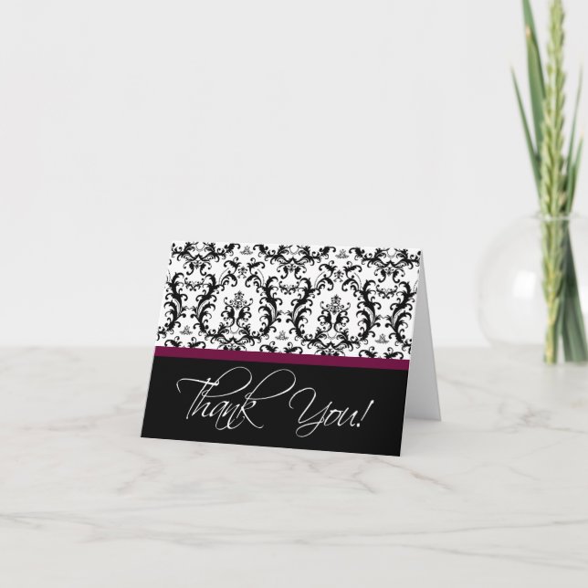 Elegant Wine Red Black Damask Thank You Cards (Front)