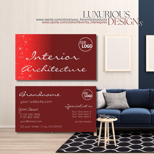 Elegant Wine Red Chic Glitter Stars with Logo Business Card (Creator Uploaded)