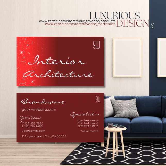 Elegant Wine Red Chic Glitter Stars with Monogram Business Card (Creator Uploaded)
