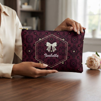 Elegant Wine Red Floral & Gold Monogram Custom Accessory Pouch