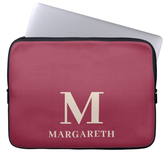 Elegant Wine Red Monogram Laptop Sleeve (Front)
