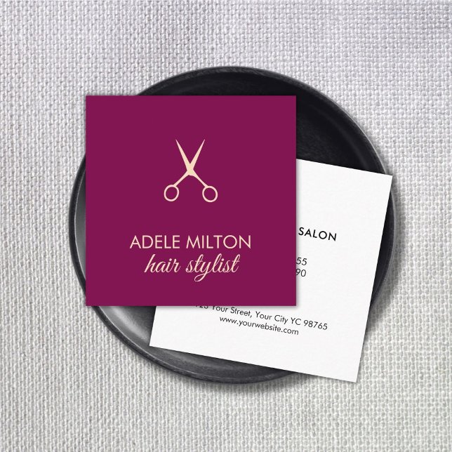 Elegant Wine Red Pastel Scissors Hairstylist Square Business Card (Creator Uploaded)