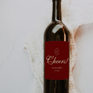 Elegant Wine Red Script "Cheers!" Wedding Label