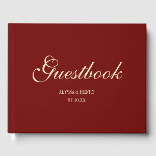 Elegant Wine Red Script Monogram Wedding Guest Book