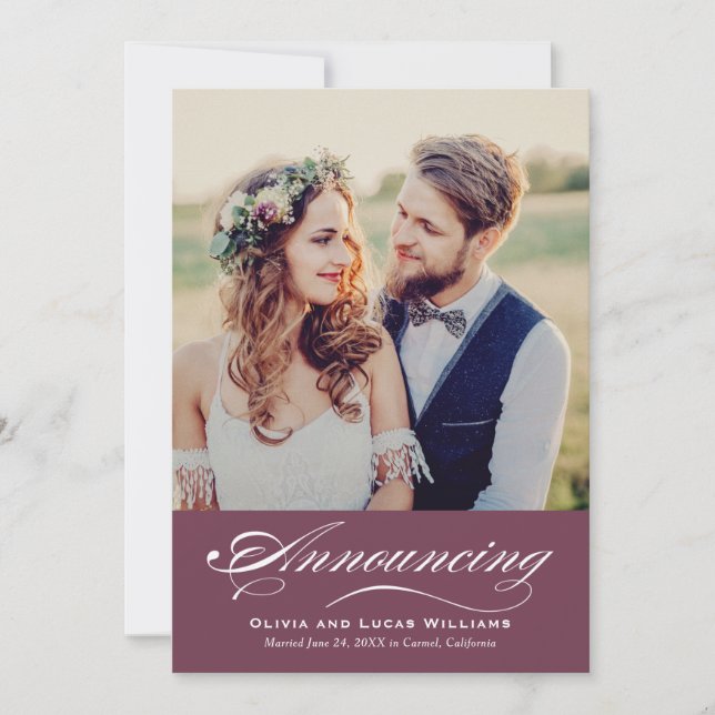 Elegant Wine Script Wedding Photo Marriage Announcement (Front)