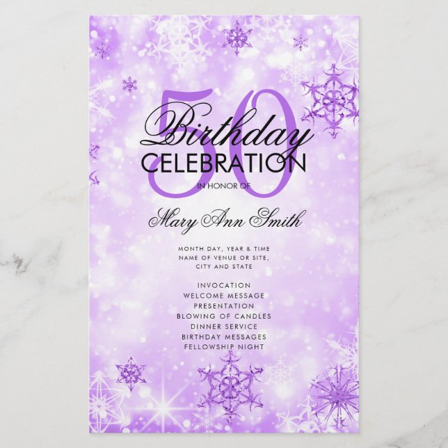 Elegant Winter 50 Birthday Program Purple Menu (Front)