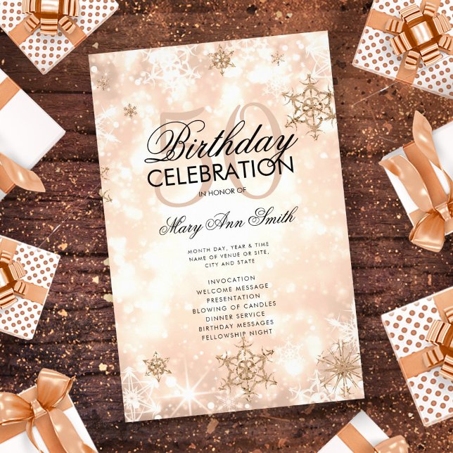 Elegant Winter 50 Birthday Program Rose Gold Menu (Creator Uploaded)