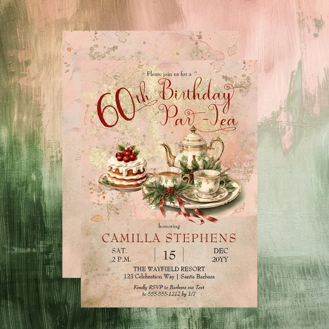 Elegant Winter 60th Birthday Par-Tea Party Invitation (Elegant Winter Floral Tea Set Holly and Berries 60th Birthday Par-Tea Party Invitation)