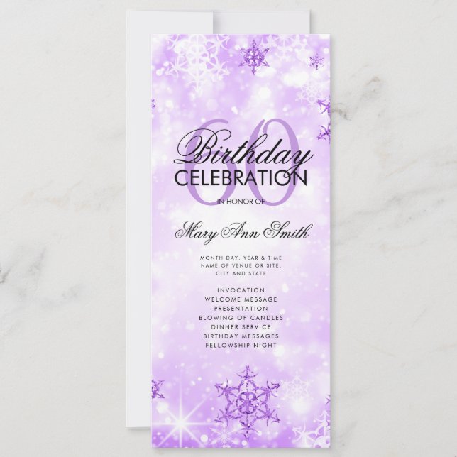Elegant Winter 60th Birthday Program Purple Menu Invitation (Front)