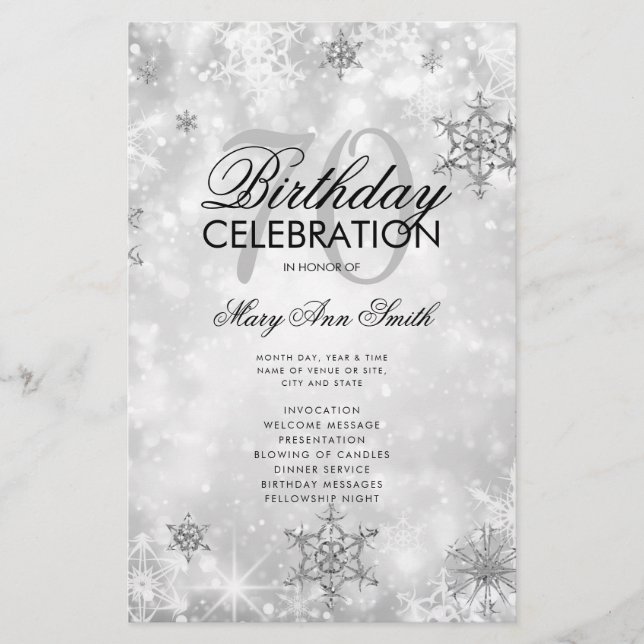 Elegant Winter 70th Birthday Program Silver Menu (Front)