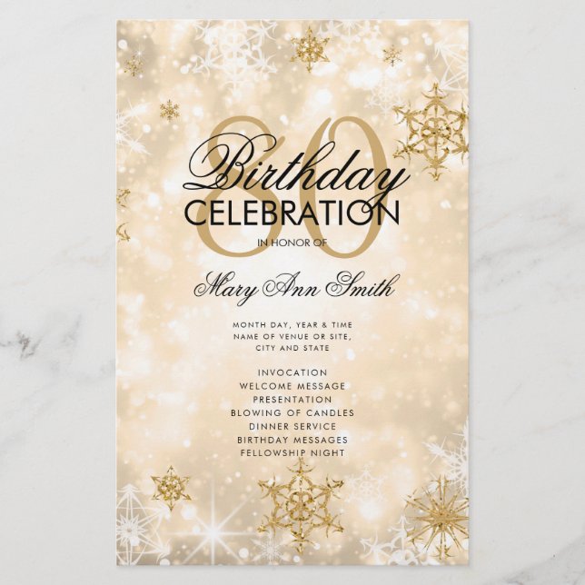 Elegant Winter 80th Birthday Program Gold w/ Menu (Front)