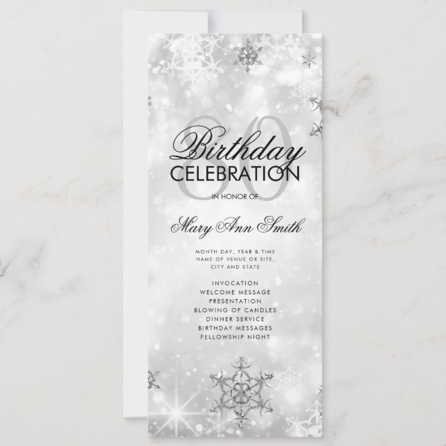 Elegant Winter 80th Birthday Program Silver Menu Invitation (Front)