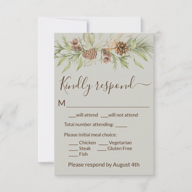 Elegant Winter Beige Pine RSVP Card (Front)