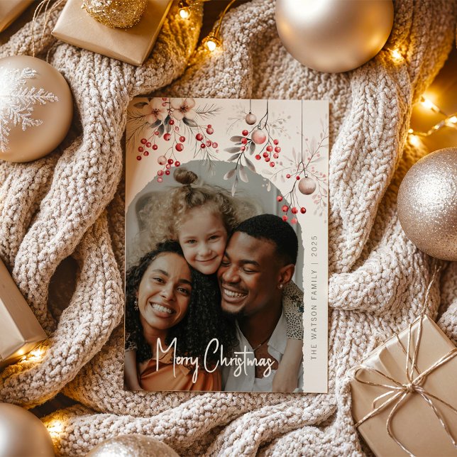 Elegant Winter Berries & Florals Photo Christmas Holiday Card (Creator Uploaded)