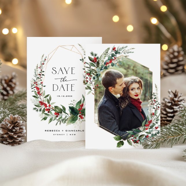 Elegant Winter Berries Greenery Wedding Photo Save The Date (Creator Uploaded)
