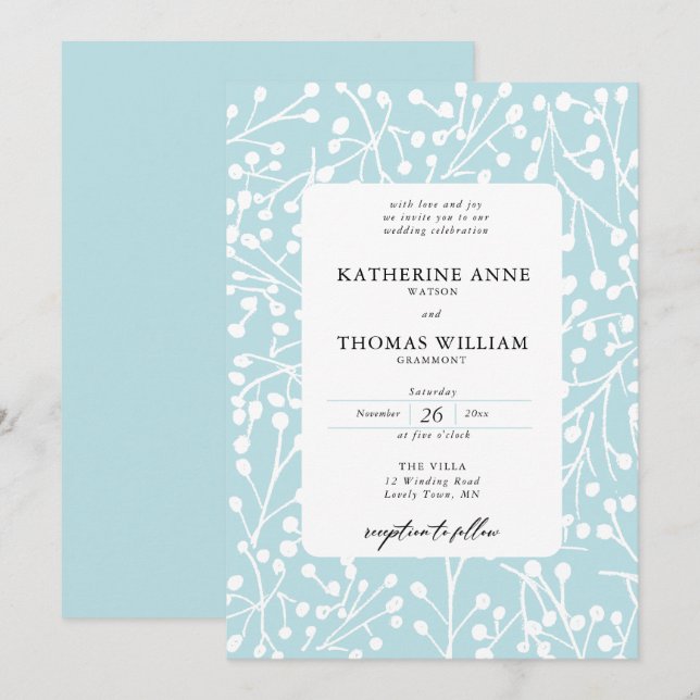 Elegant Winter Berries Ice Blue Botanical Wedding Invitation (Front/Back)