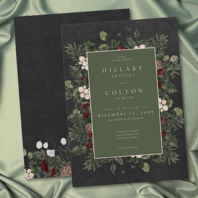 Elegant Winter Berries & Pine Black Wedding Invitation (Elegant Winter Berries & Pine Black Wedding Invitation)