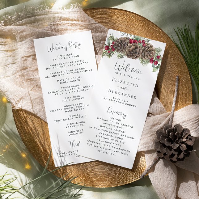 Elegant Winter Berries Pine Cone Christmas Wedding Programme (Creator Uploaded)