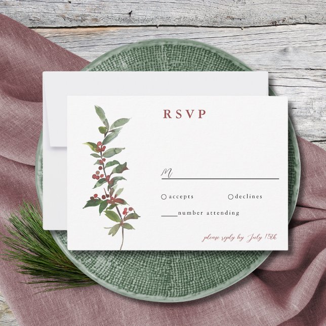 Elegant Winter Berries Red Green Watercolor RSVP C Card (Creator Uploaded)
