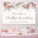 Elegant Winter Berry Botanical 100th Birthday Banner<br><div class="desc">Welcome guests to your 100th birthday party with this elegant winter floral welcome sign. A pretty arrangement of deep red berries, flowers and soft sage green leaves decorate the sign. The birthday celebrant's name is written in a large trending script font. The remainder of the text is a classic upright...</div>