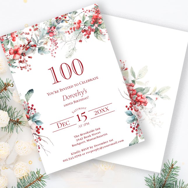 Elegant Winter Berry Botanical 100th Birthday Invitation (Creator Uploaded)