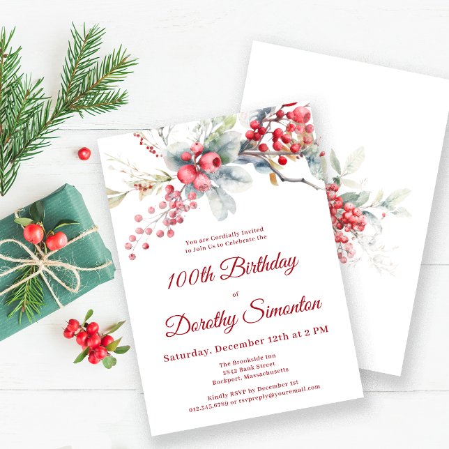 Elegant Winter Berry Botanical 100th Birthday Invitation (Creator Uploaded)