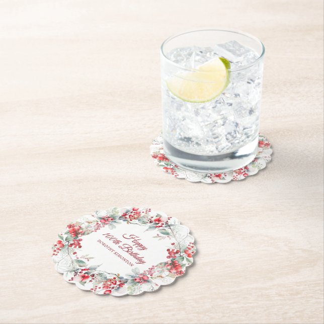 Elegant Winter Berry Botanical 100th Birthday  Paper Coaster (Insitu)