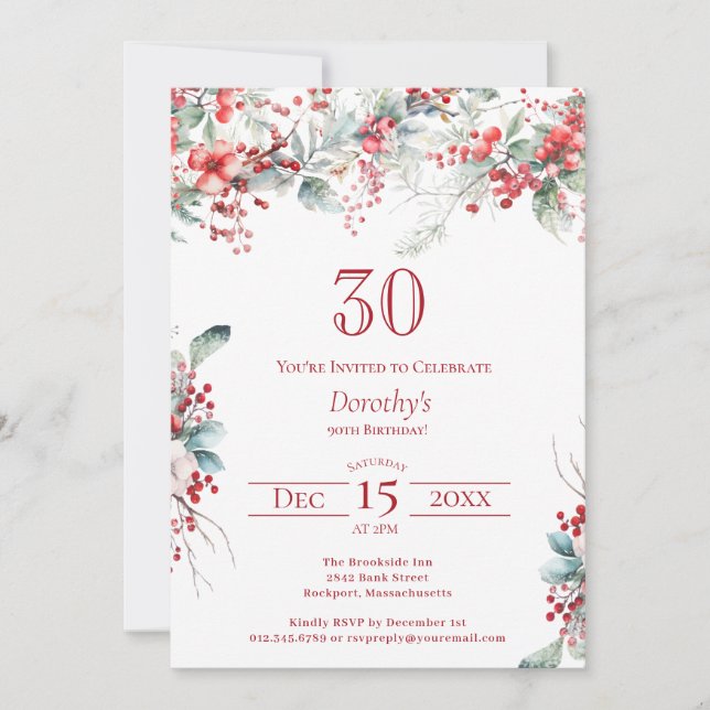 Elegant Winter Berry Botanical 30th Birthday Invitation (Front)