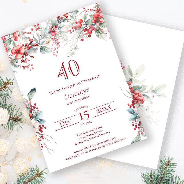 Elegant Winter Berry Botanical 40th Birthday Invitation (Creator Uploaded)