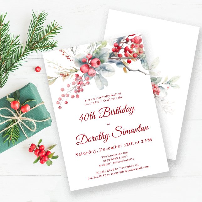 Elegant Winter Berry Botanical 40th Birthday Invitation (Creator Uploaded)