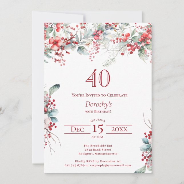 Elegant Winter Berry Botanical 40th Birthday Invitation (Front)