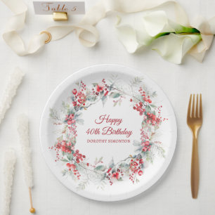 Elegant Winter Berry Botanical 40th Birthday Paper Plate