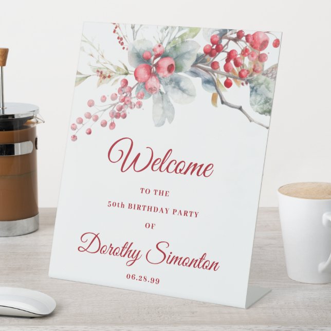 Elegant Winter Berry Botanical 50th Birthday Pedestal Sign (In SItu)