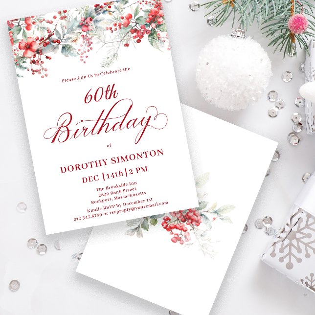 Elegant Winter Berry Botanical 60th Birthday Invitation (Creator Uploaded)