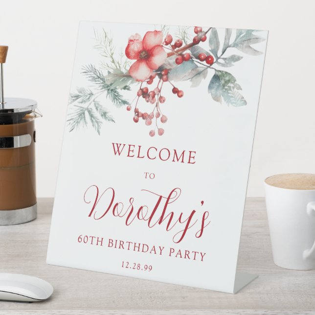 Elegant Winter Berry Botanical 60th Birthday Pedestal Sign (In SItu)