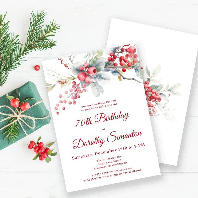 Elegant Winter Berry Botanical 70th Birthday Invitation (Creator Uploaded)