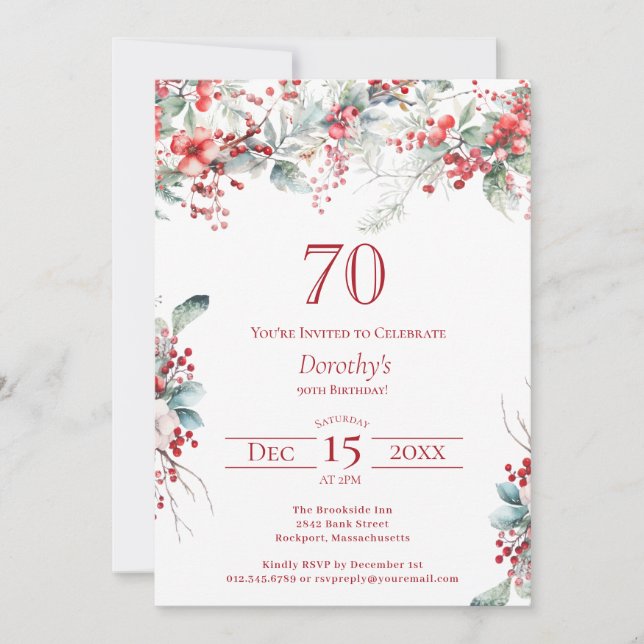 Elegant Winter Berry Botanical 70th Birthday Invitation (Front)