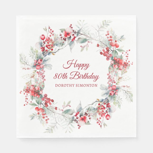 Elegant Winter Berry Botanical 80th Birthday Napkin (Front)