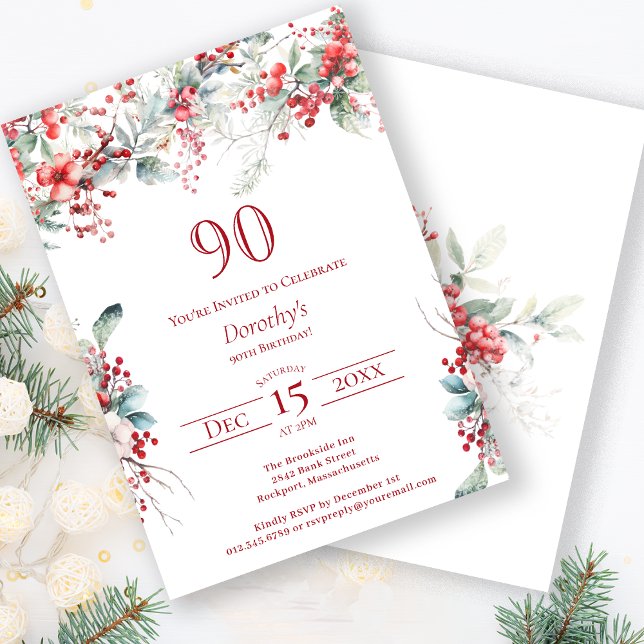 Elegant Winter Berry Botanical 90th Birthday Invitation (Creator Uploaded)